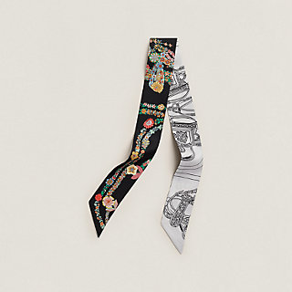 新品未使用HERMES《ブリッドドゥガラアンフルール》黒/白/マルチカラー　2本 Twilly 《ブリッド・ドゥ・ガラ・アン・フルール&アイライナー